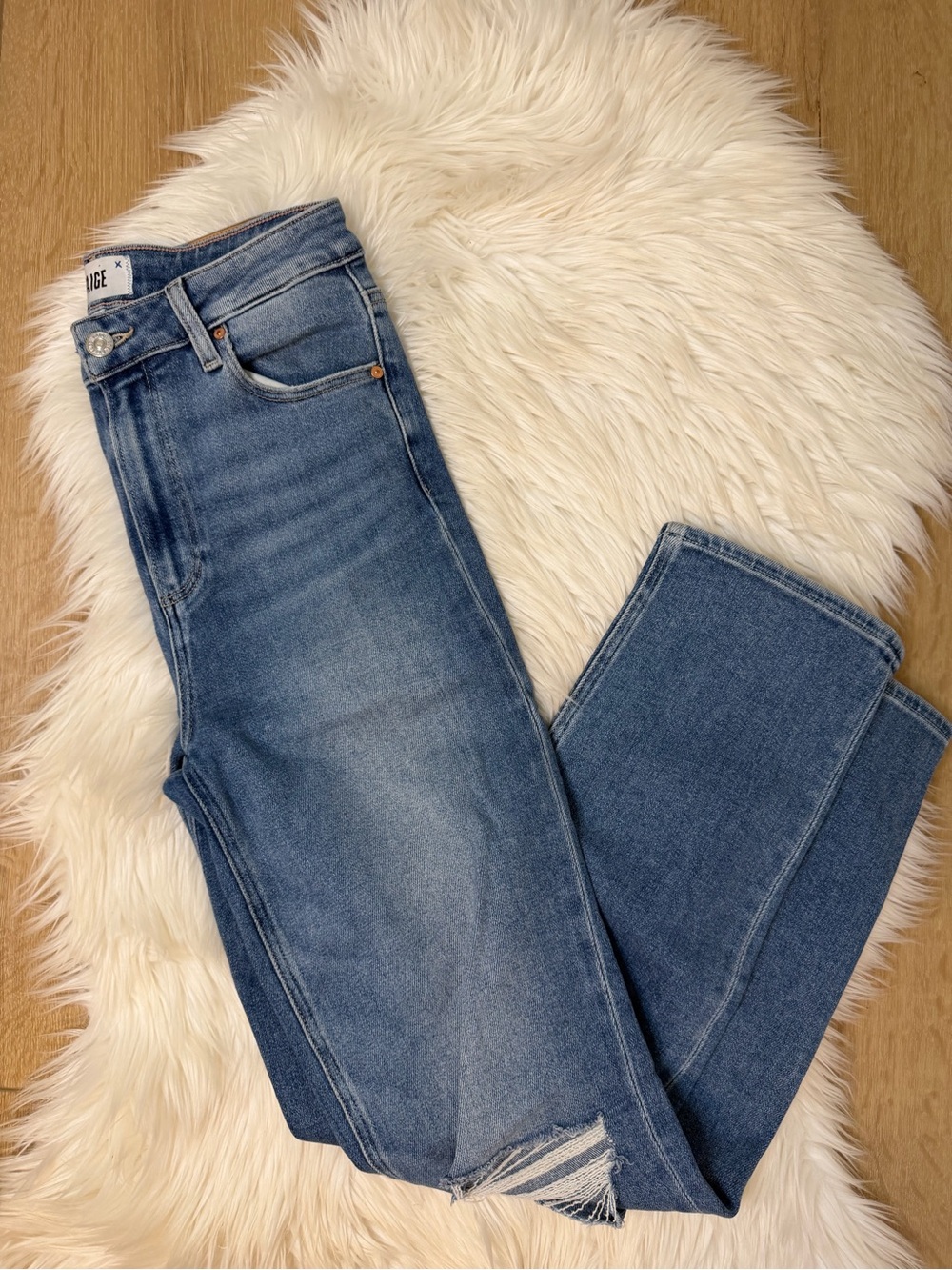 PAIGE Women's Stella High Rise Straight Leg Blue Distressed Jeans Size 27